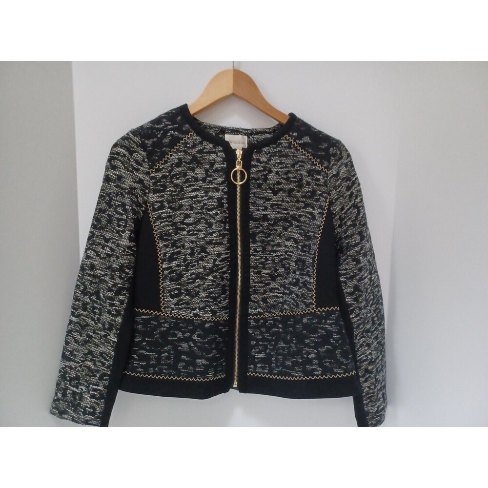 Chicos Tweed Jacket Womens 0P Full Zip Black Gray Knit